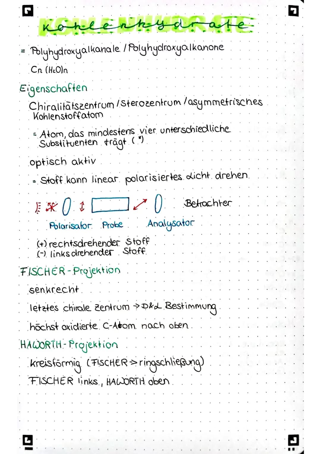 Kohlenhydrate
Polyhydroxyalkanale / Polyhydroxyalkanone
Cn (H₂O)n
Eigenschaften
Chiralitatszentrum/Sterozentrum/asymmetrisches
Kohlenstoffat