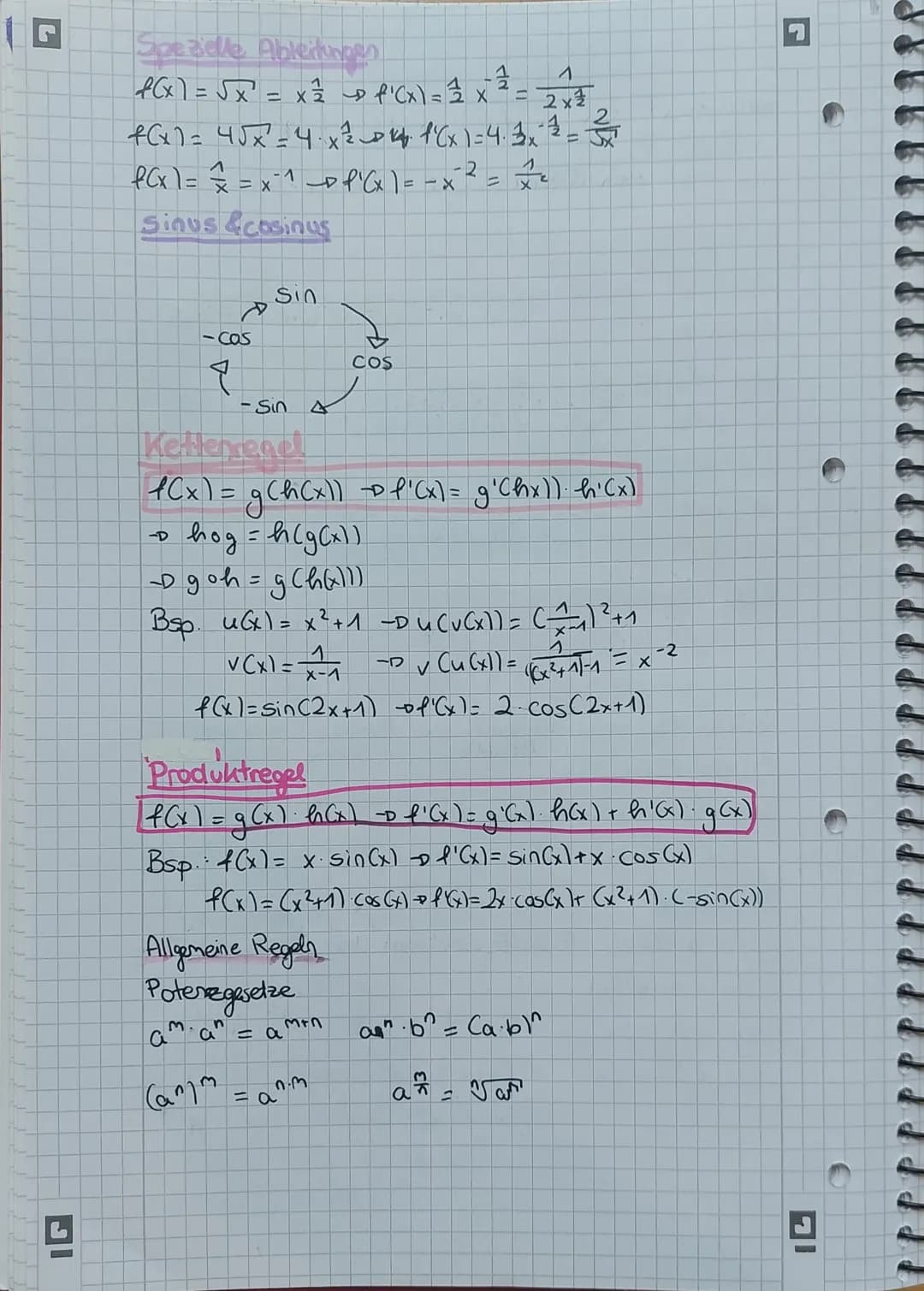 e
Themen
f(x1=x^
f'(x1= nx^-1
Bsp.
- Ketten- & Produktregel
f(x) = C
f'(x)=0
25.09.23
ne IN -DExponent wird zum Koeffizient
und der Exponent