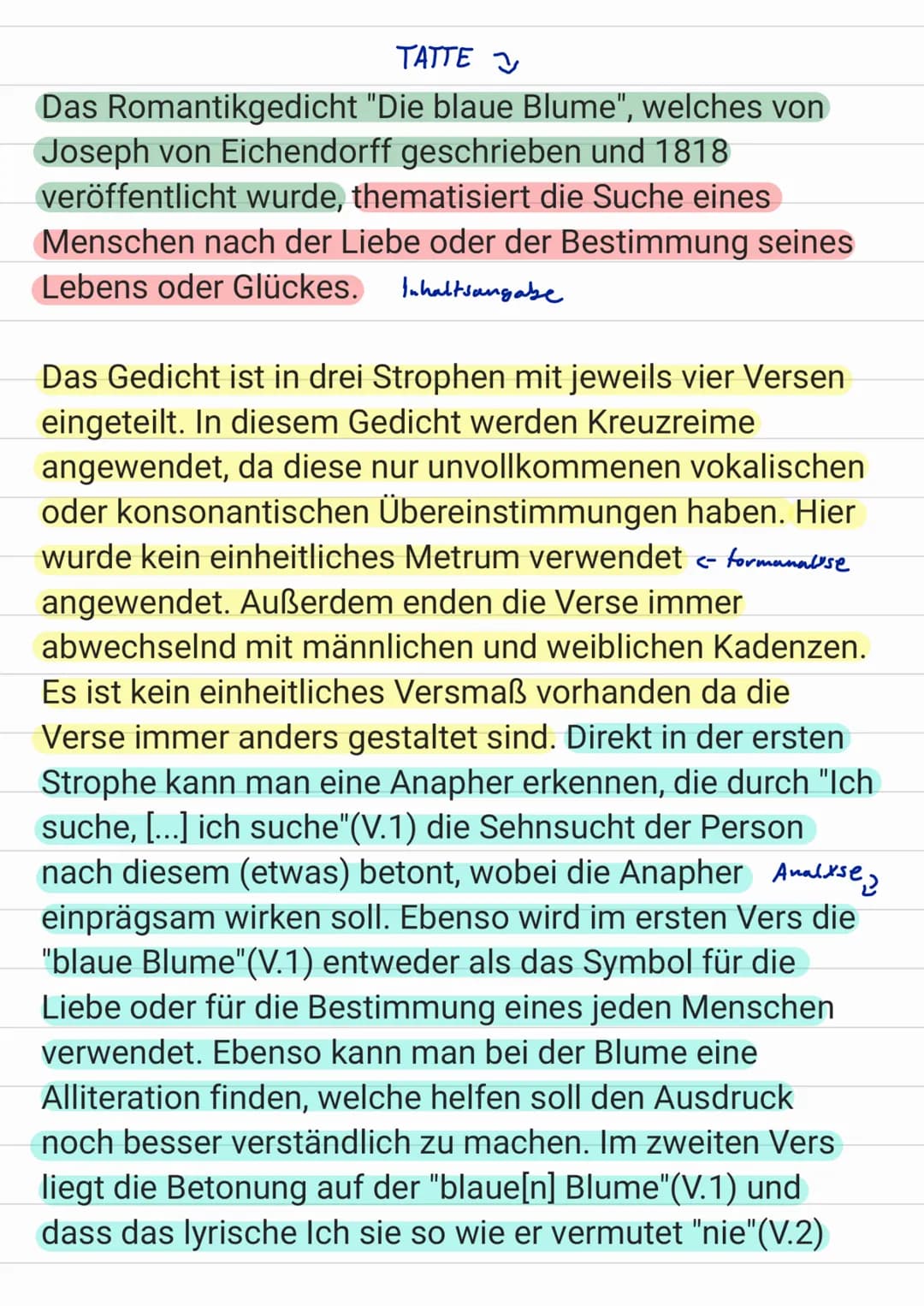 ΤΑΤΤΕ Υ
Das Romantikgedicht "Die blaue Blume", welches von
Joseph von Eichendorff geschrieben und 1818
veröffentlicht wurde, thematisiert di