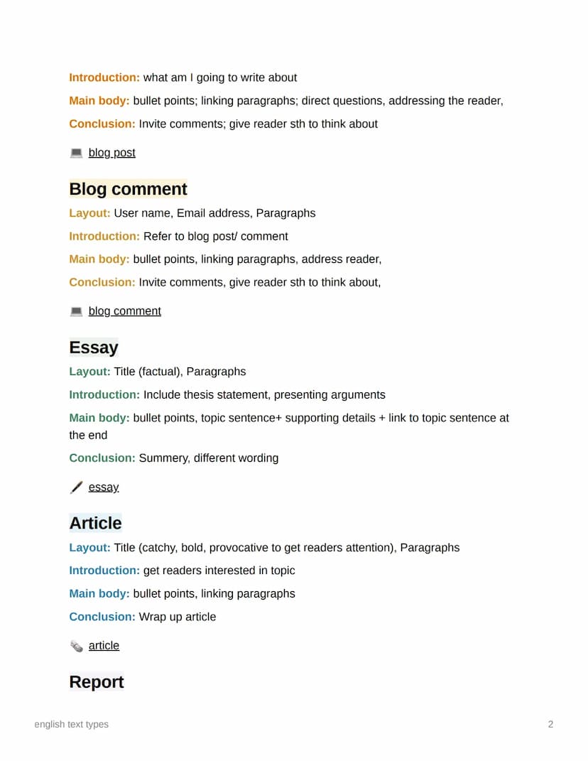 english text types
Formal E-mail
From: name, email
To: name, email
Subject: what the email is about
Dear Sir or Madam, ; Dear Mrs/Mr,....
In
