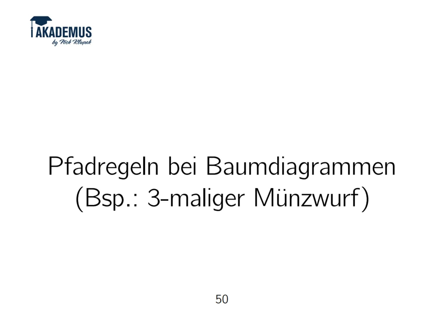 AKADEMUS
by Nick Klupak
Pfadregeln bei Baumdiagrammen
(Bsp.: 3-maliger Münzwurf)
50 Entlang eines Astes multiplizieren, um eine ganz bestimm