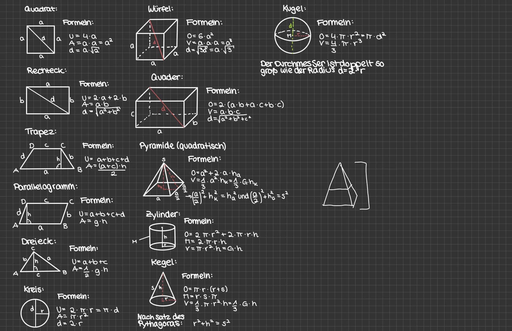 Quadrat:
a
A
b
A
d
a
D
d
a
b
Rechteck:
Trapez:
D с
h
a
с
d
a
a
a
Dreieck:
C
a
Parallelogramm:
C
a
Formeln:
Kreis:
Ⓡ
h
с
U = 4.a
A=a·a=a²
d =