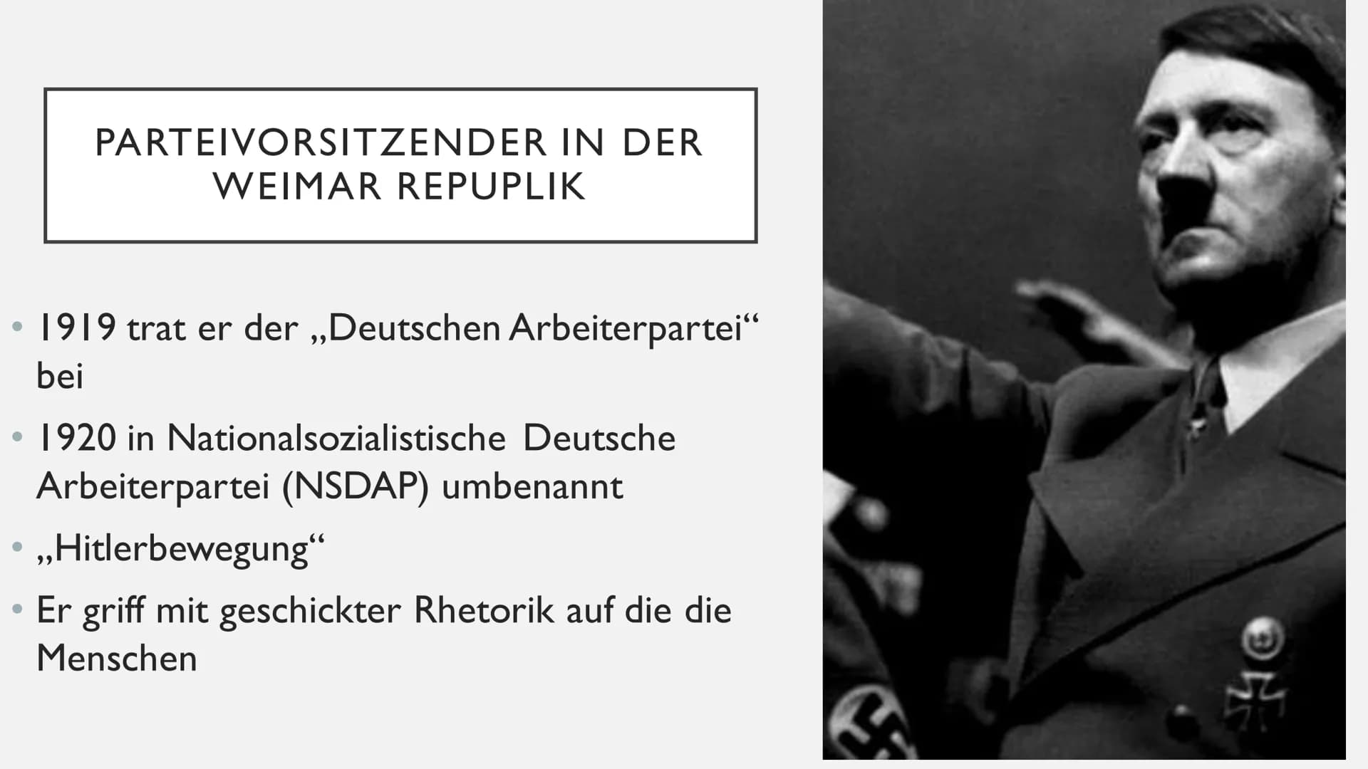 ADOLF
HITLER ●
●
GLIEDERUNG
Steckbrief
Kindheit & Jugend
Auf dem Weg zur Diktatur
Parteivorsitzender in der Weimarer Republik S
• Name : Hit