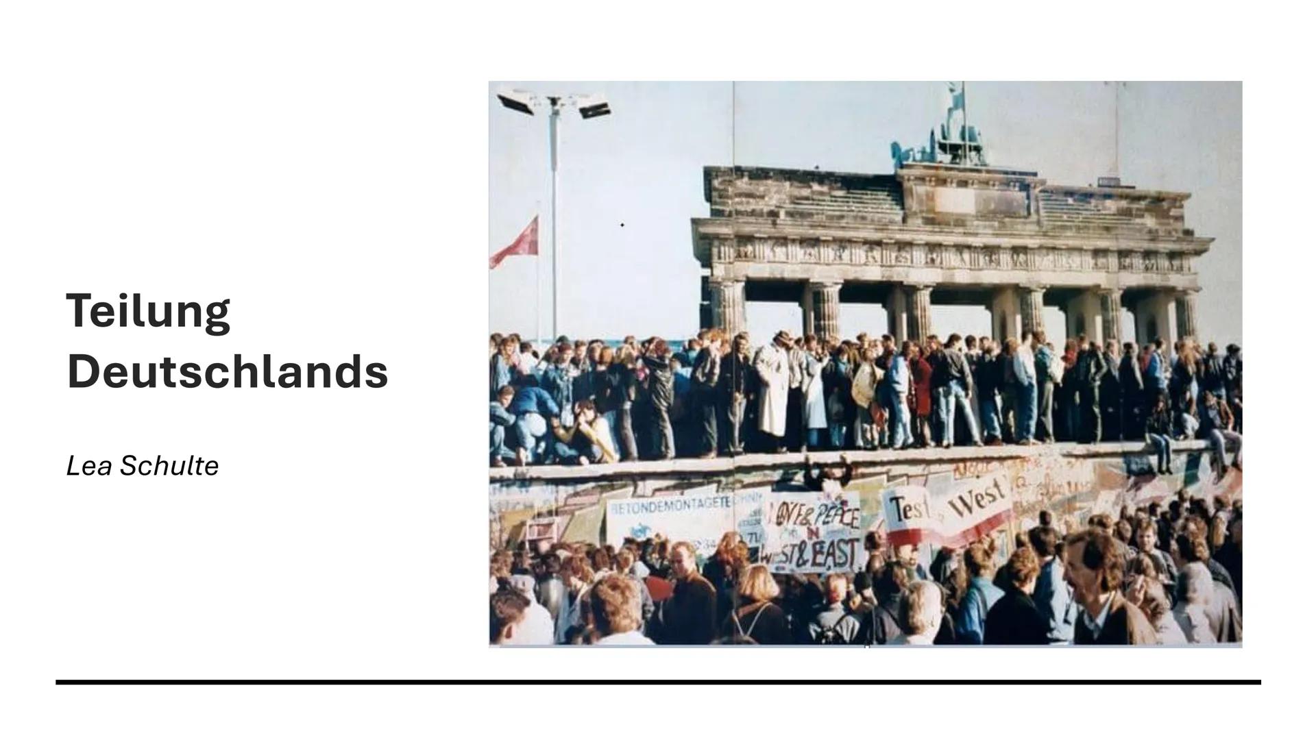 # Teilung
# Deutschlands

Lea Schulte # Gliederung

*   Ausgangssituation nach Kriegsende
*   Marshall-Plan
*   Entstehung der Bundesrepubli