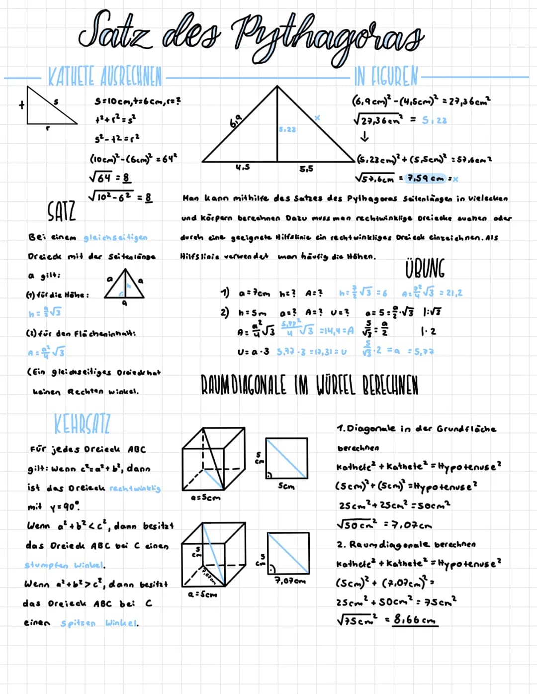+
Satz des Pythagoras
KATHETE AUSRECHNEN
5=10cm, +=6cm, is?
+² +5² = 5²
5²-42=6²
(10cm)²-(6cm)² = 64²
√64=8
√√10²-6² = 8
SATZ
Bei einem glei