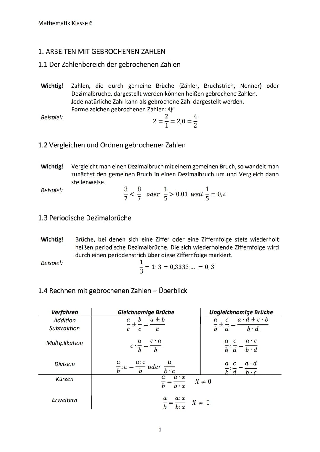 Mathematik Klasse 6
1. ARBEITEN MIT GEBROCHENEN ZAHLEN
1.1 Der Zahlenbereich der gebrochenen Zahlen
Wichtig! Zahlen, die durch gemeine Brüch