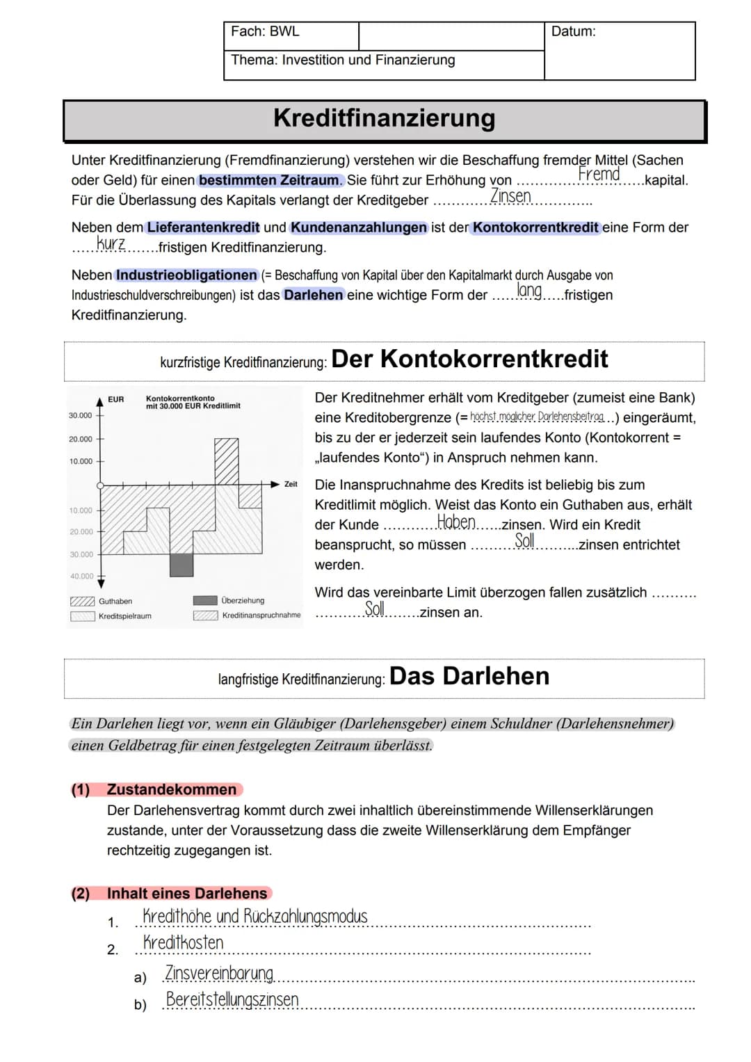 Kreditfinanzierung
Unter Kreditfinanzierung (Fremdfinanzierung) verstehen wir die Beschaffung fremder Mittel (Sachen
oder Geld) für einen be