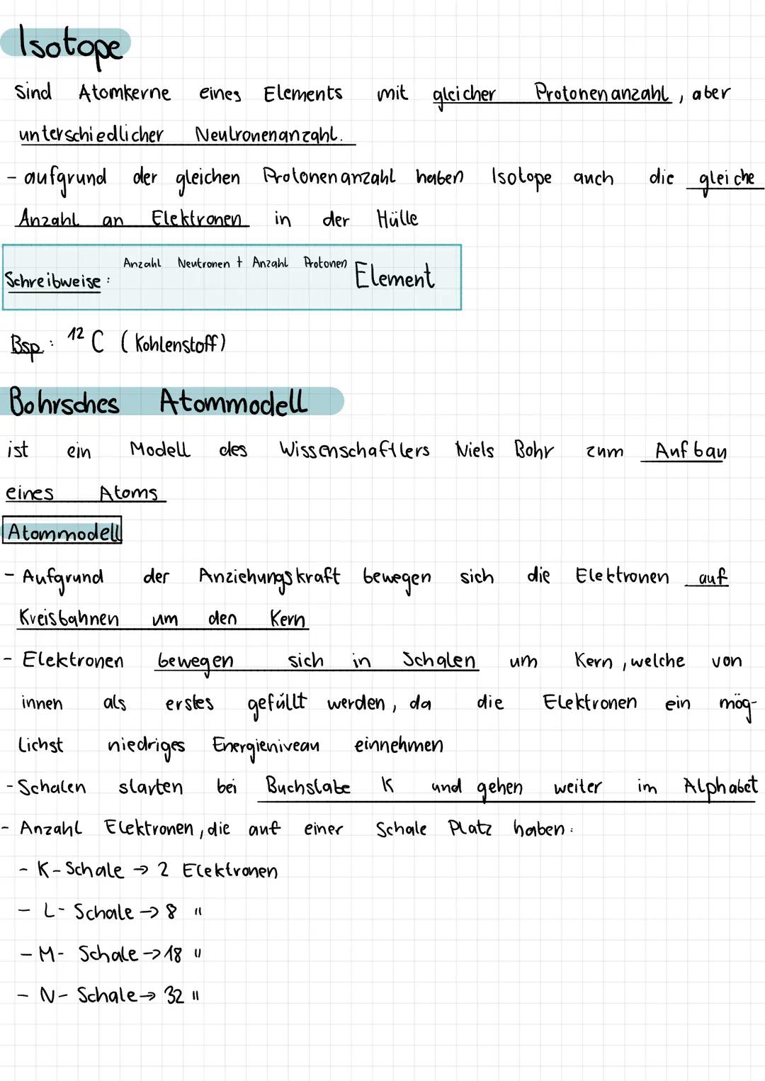 # Isotope

Sind Atomkerne eines Elements mit gleicher Protonenanzahl, aber unterschiedlicher Neutronenanzahl.

- aufgrund der gleichen Proto