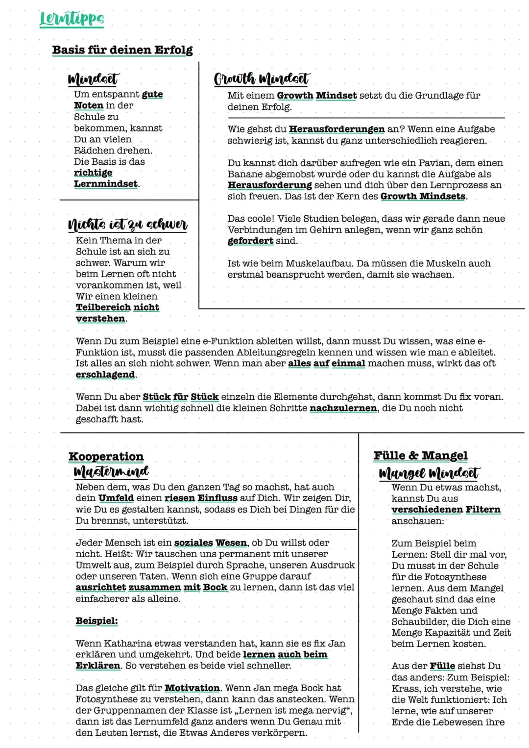 Lerntipps
Basis für deinen Erfolg
Mindset
Um entspannt gute
Noten in der
Schule zu
bekommen, kannst
Du an vielen
Rädchen drehen.
Die Basis i