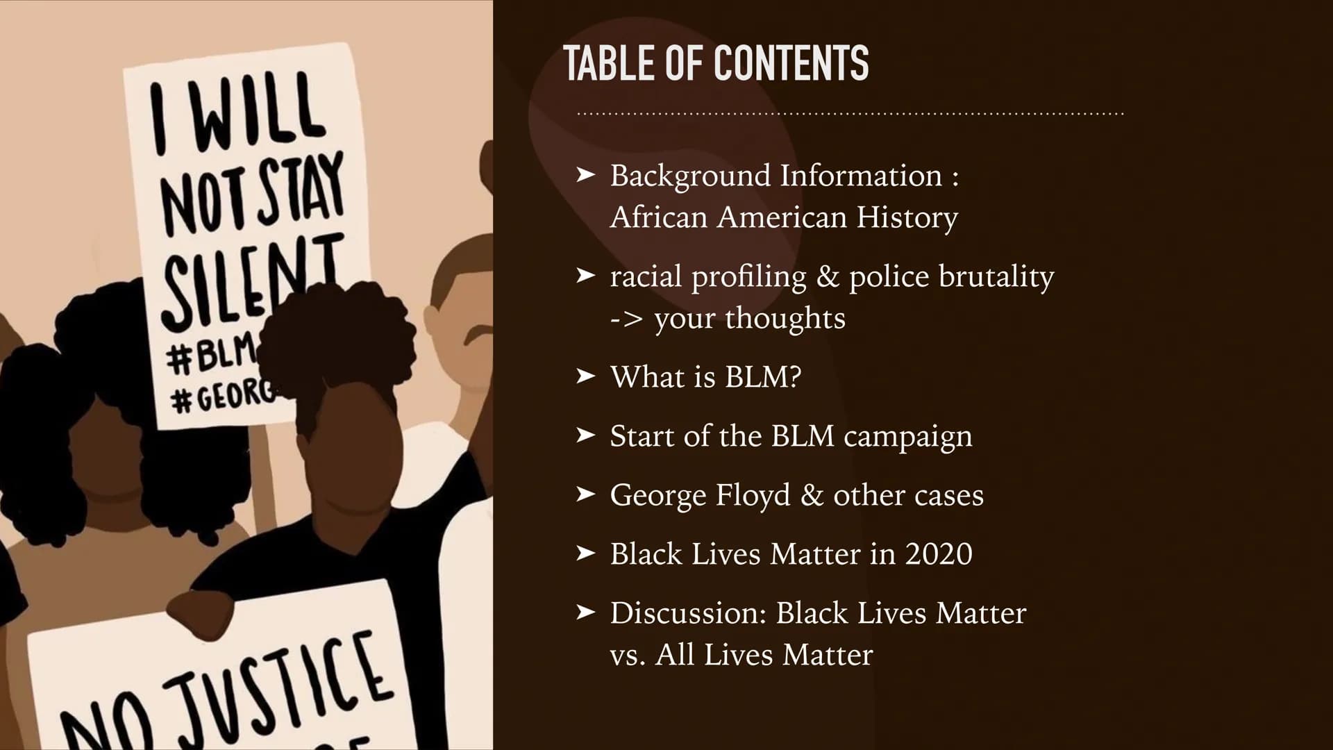 black
children
matter.
black
lives
matter.
black
futures
matter.
BLACK LIVES MATTER I WILL
NOT STAY
SILENT
#BLM
#GEORG
NO JUSTICE
TABLE OF C