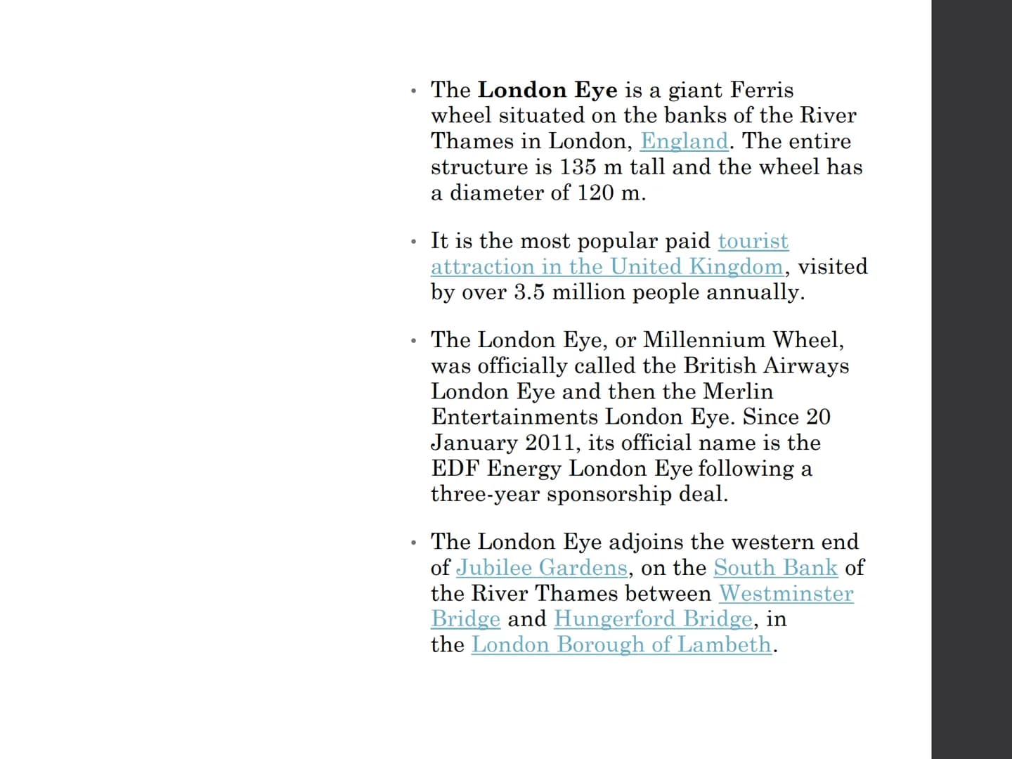 TRAININ
ONDON EYE The London Eye is a giant Ferris
wheel situated on the banks of the River
Thames in London, England. The entire
structure 