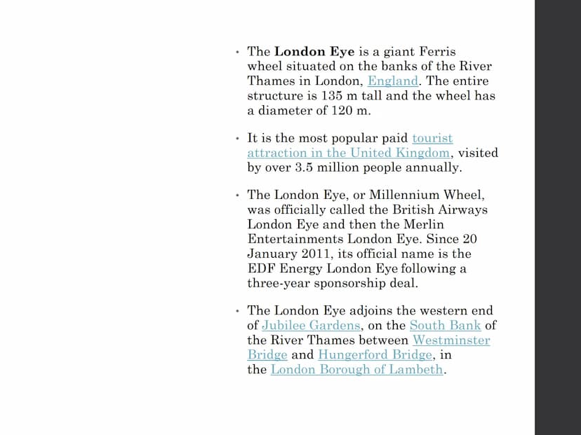 TRAININ
ONDON EYE The London Eye is a giant Ferris
wheel situated on the banks of the River
Thames in London, England. The entire
structure 
