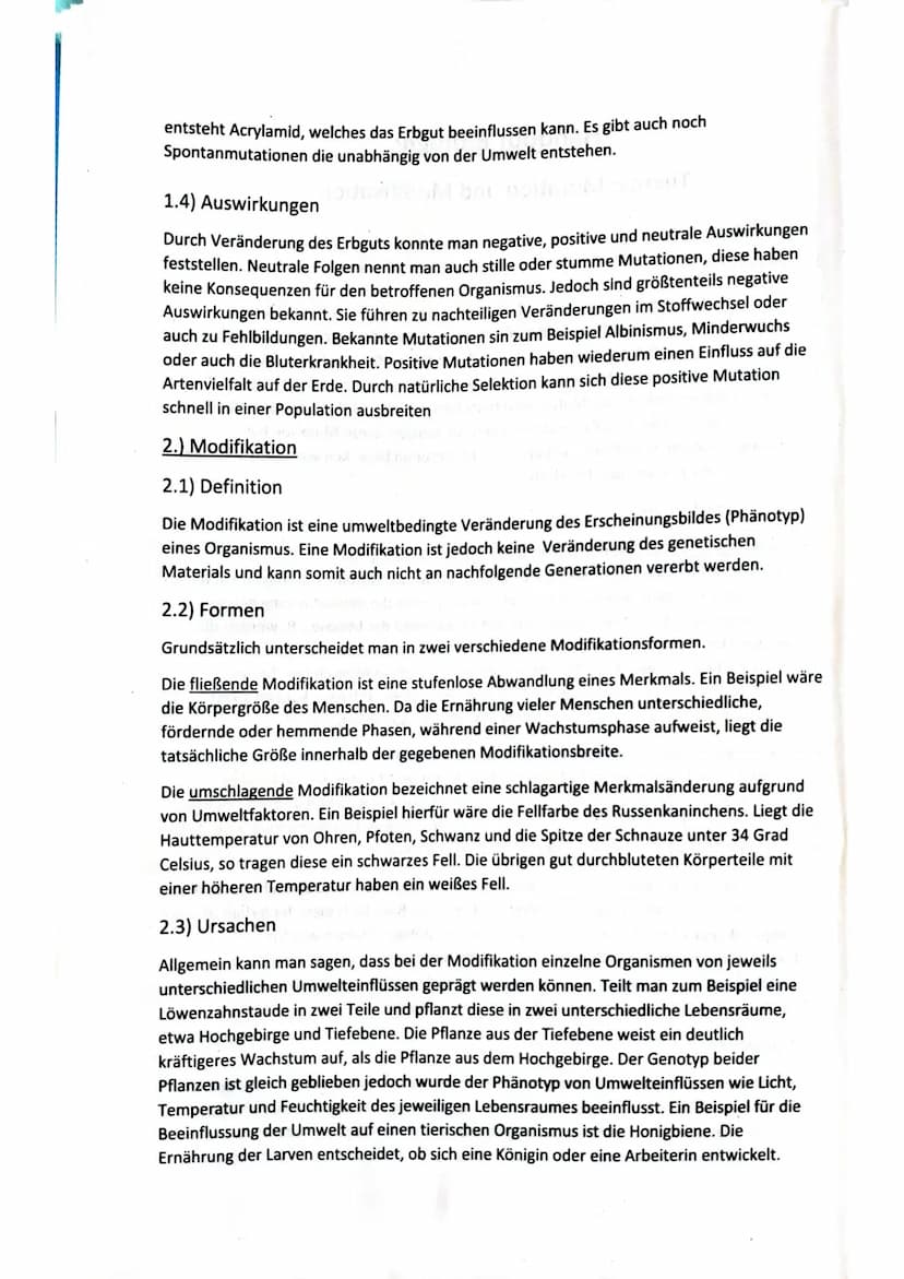 Whippewasch Handout Biologie
Thema: Mutation und Modifikation
Normaltyp
Mutalgene
1.) Mutation
1.1) Definition
Eine Mutation ist eine sponta