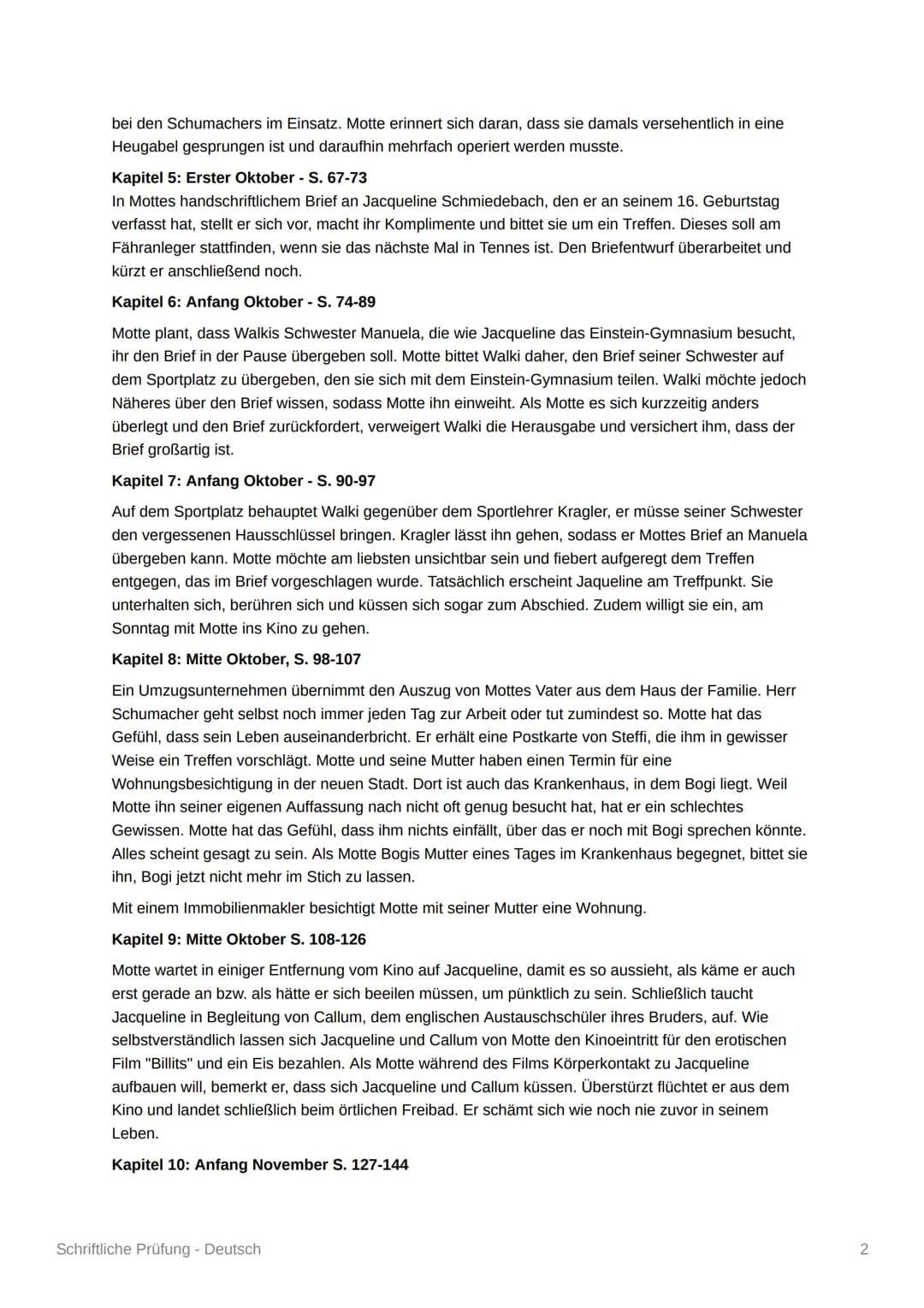 Schriftliche Prüfung - Deutsch
Blackbird - Zusammenfassung
Kapitel 1: Mitte August - S. 5-11
Der fünfzehnjährige Morten Schuhmacher, genannt