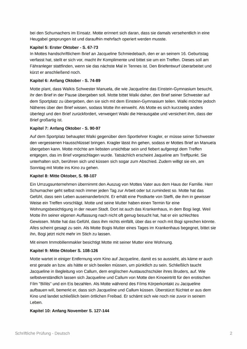 Schriftliche Prüfung - Deutsch
Blackbird - Zusammenfassung
Kapitel 1: Mitte August - S. 5-11
Der fünfzehnjährige Morten Schuhmacher, genannt