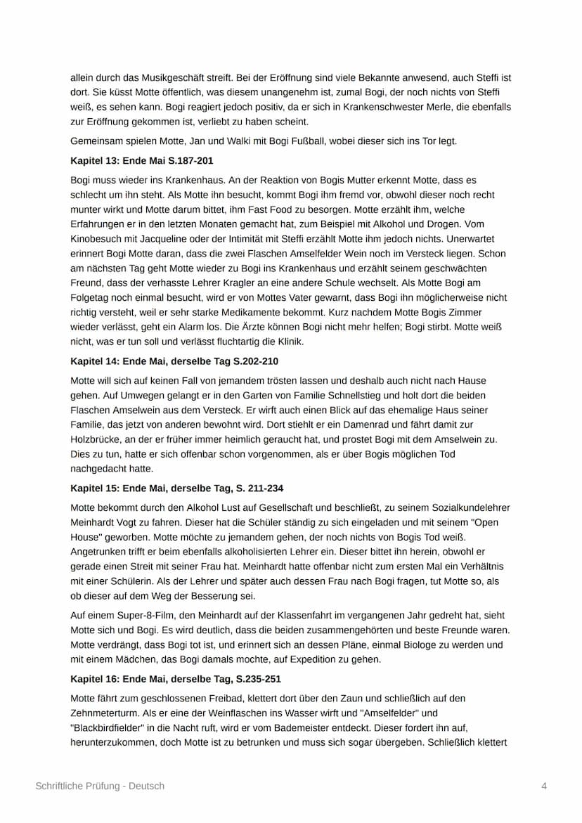 Schriftliche Prüfung - Deutsch
Blackbird - Zusammenfassung
Kapitel 1: Mitte August - S. 5-11
Der fünfzehnjährige Morten Schuhmacher, genannt