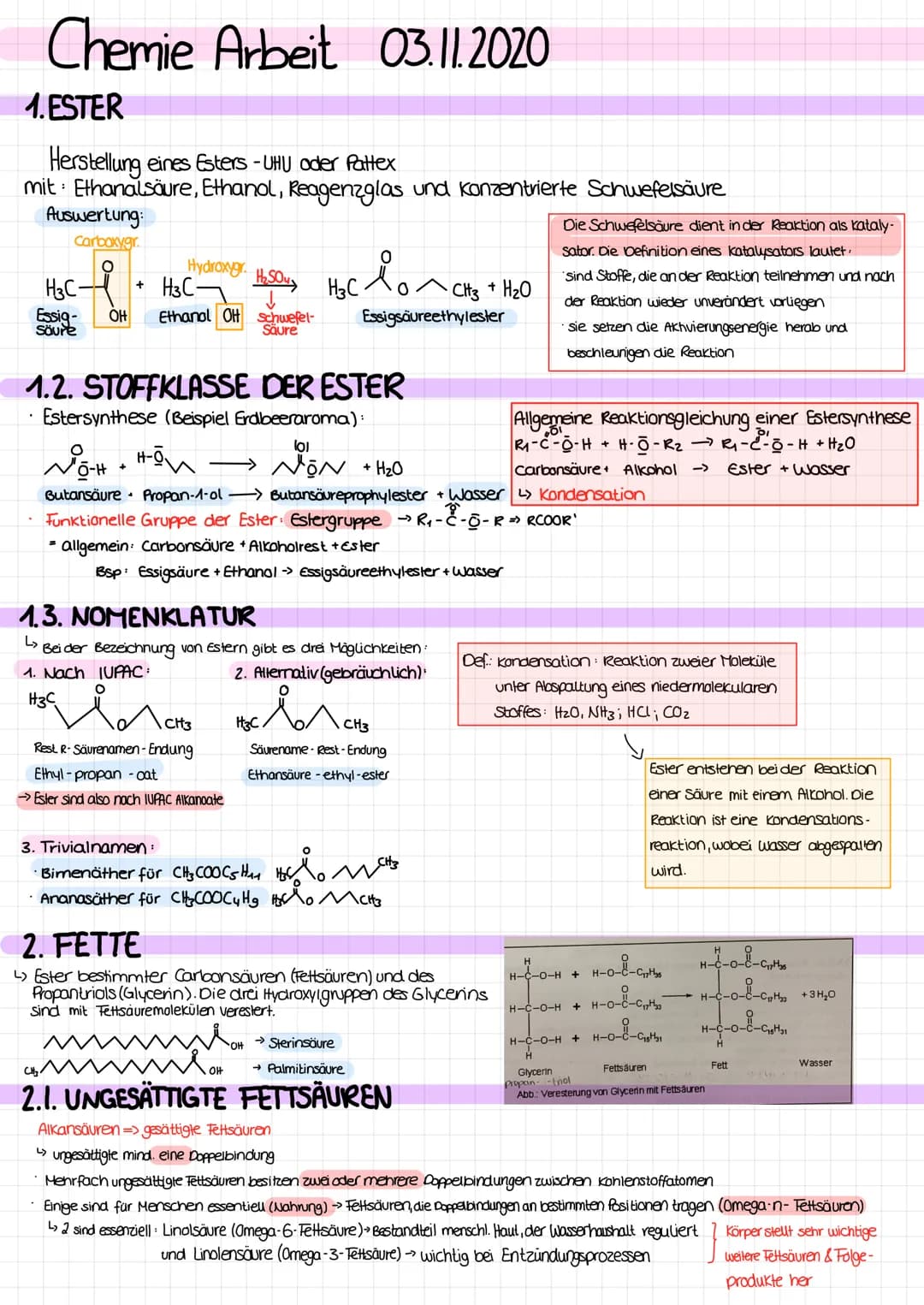 Chemie Arbeit 03.11.2020
1. ESTER
Herstellung eines Esters - UHU oder Pattex
mit : Ethanalsäure, Ethanol, Reagenzglas und konzentrierte Schw