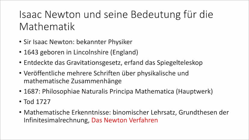 Das Newton Verfahren
GFS Carina Löffler, 08.01.2020 Gliederung
• Isaac Newton und seine Bedeutung für die Mathematik
• Das Newton Verfahren
