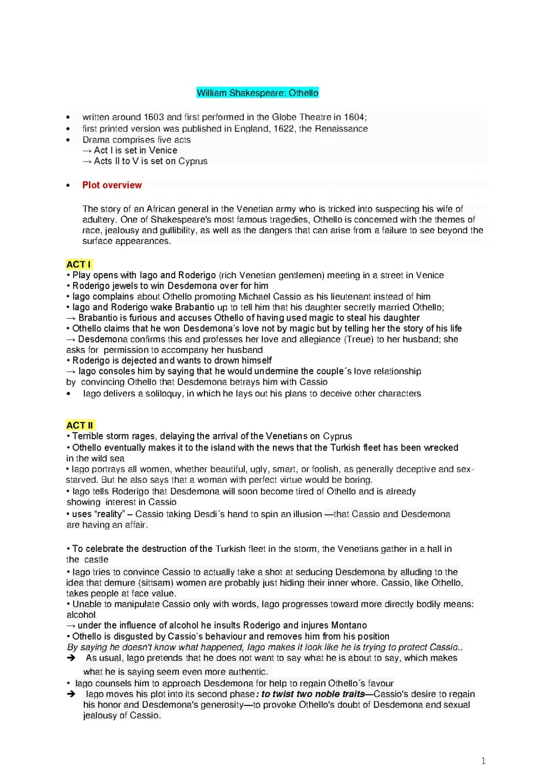 Q3 Othello: summary, characterizations, major topics