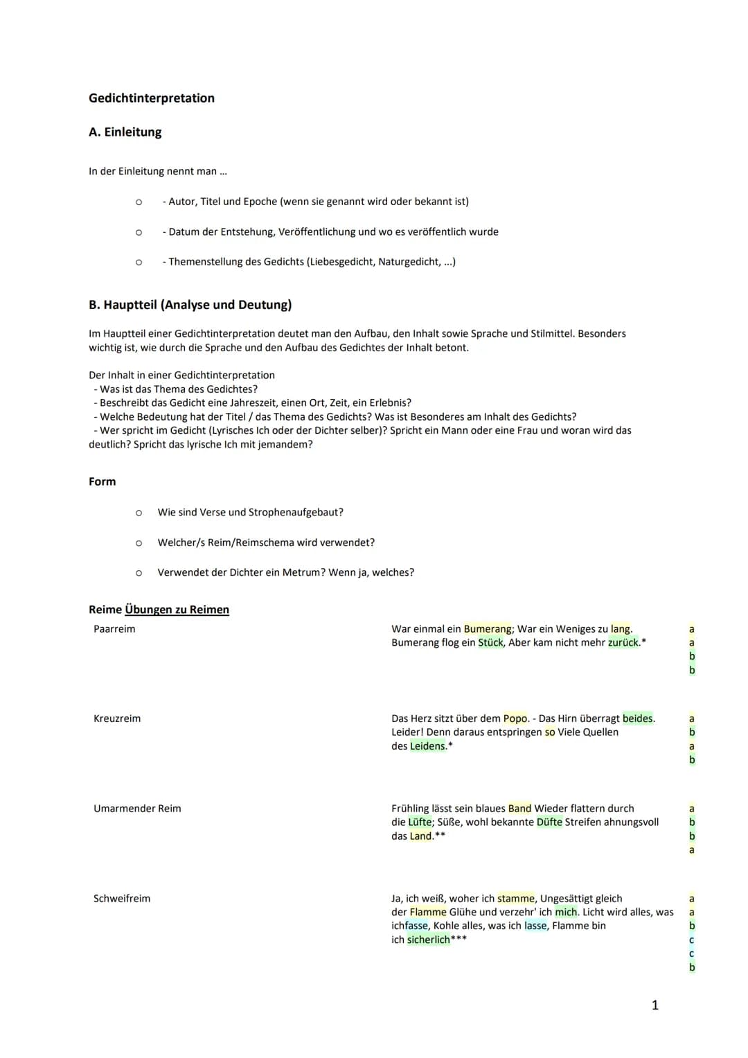 Gedichtinterpretation
A. Einleitung
In der Einleitung nennt man ...
O
Form
B. Hauptteil (Analyse und Deutung)
Im Hauptteil einer Gedichtinte