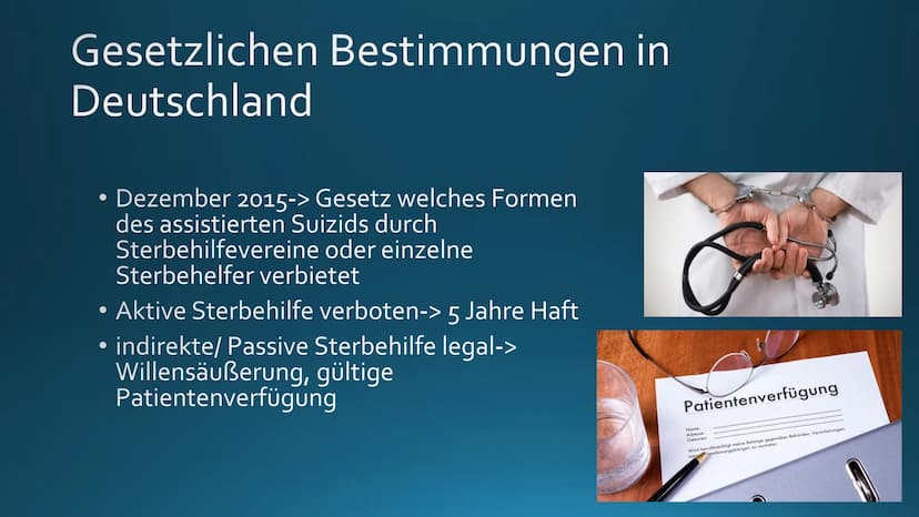 Einstieg
https://youtu.be/d8UG8jocZWQ +
Sterbehilfe oto
Unterschiedlichen
Positionen der
Sterbehilfe
Gesetzlichen
Bestimmungen
Beihilfe zum
