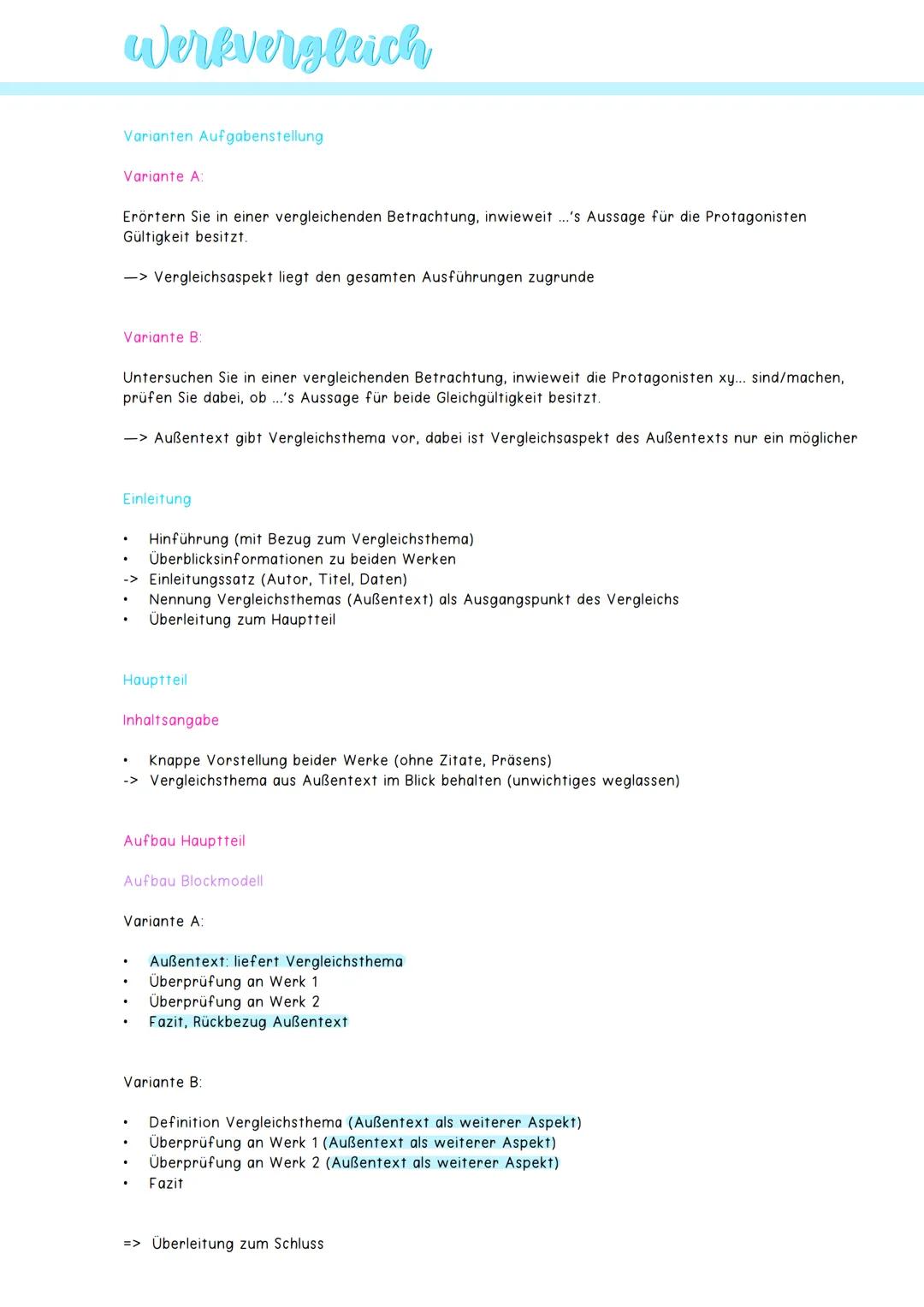 # Werkvergleich

Varianten Aufgabenstellung

Variante A:

Erörtern Sie in einer vergleichenden Betrachtung, inwieweit ...'s Aussage für die 