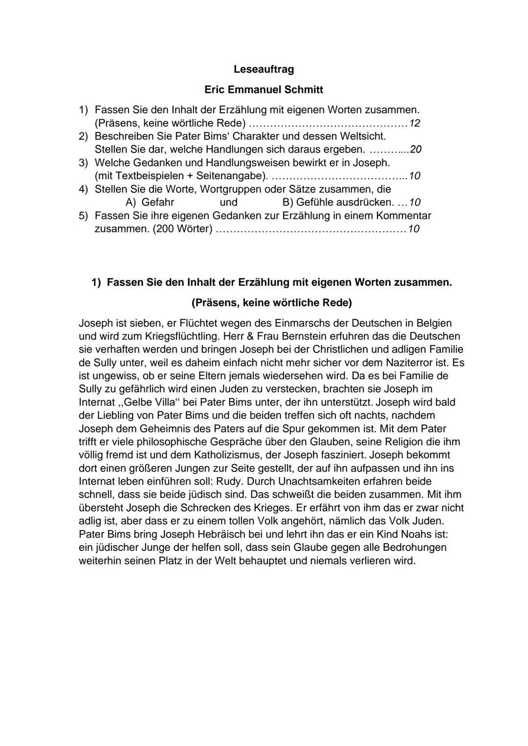 Milu Säuberlich
FOSW20E1
Eric-Emmanuel Schmitt
Das Kind
von
Noah Leseauftrag
Eric Emmanuel Schmitt
1) Fassen Sie den Inhalt der Erzählung mi