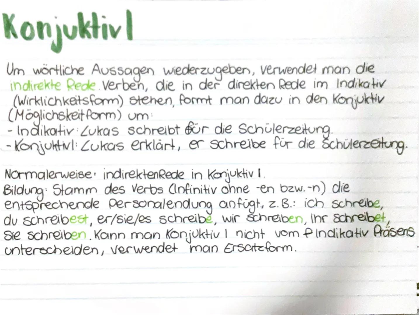 # Konjuktivl

Um wörtliche Aussagen wiederzugeben, verwendet man die
indirekte Rede. Verben, die in der direkten Rede im Indikativ
(Wirklich