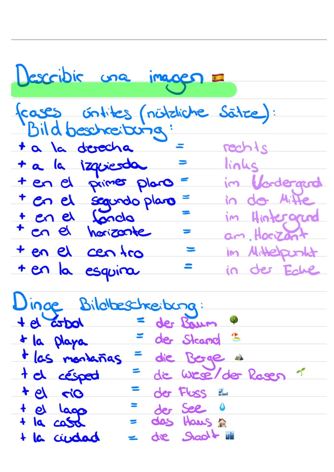 Describir una
imagen =
frases untites (nützliche Sätze):
beschreibung:
Bild
+ a la derecha
+ a la izquierda
+ en el primer plano
en el segun