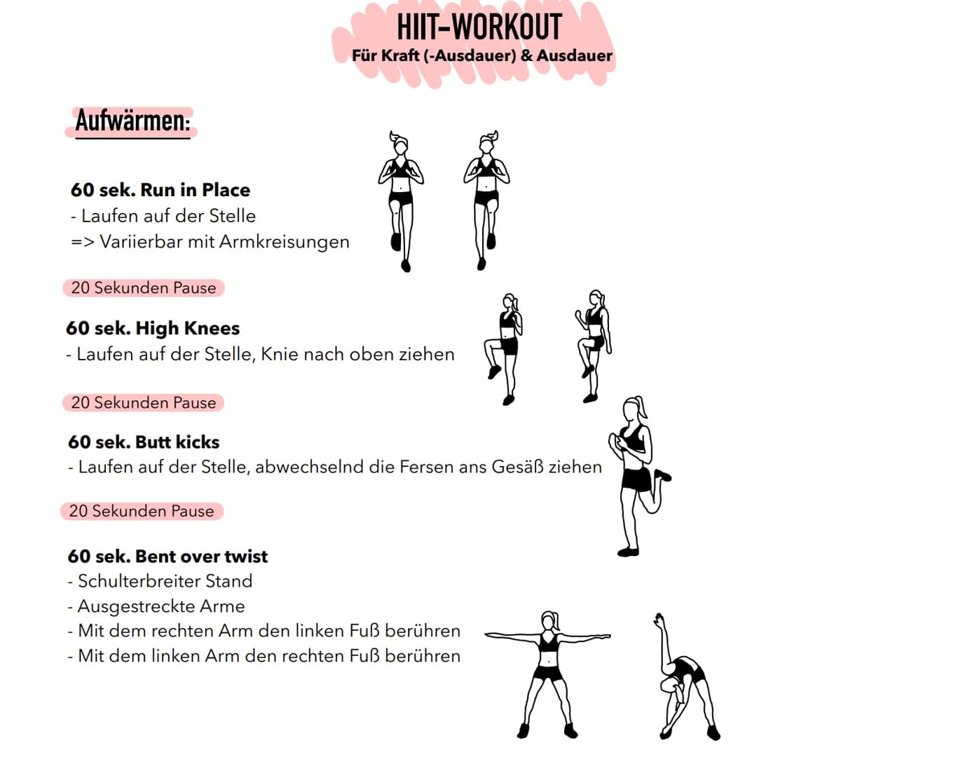 
<h2 id="aufwrmen">Aufwärmen</h2>
<p>Das Aufwärmen ist ein wichtiger Bestandteil eines HIIT-Trainings. Es bereitet den Körper auf die nachfo