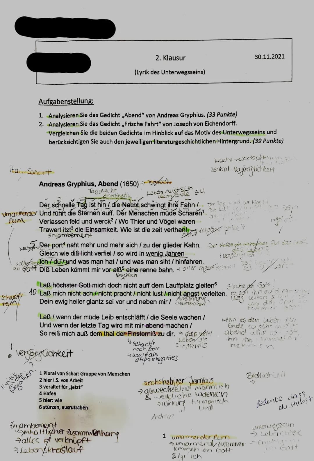 ital. Sonett
Schweif
reim,
Aufgabenstellung:
1. Analysieren Sie das Gedicht ,,Abend" von Andreas Gryphius. (33 Punkte)
2. Analysieren Sie da
