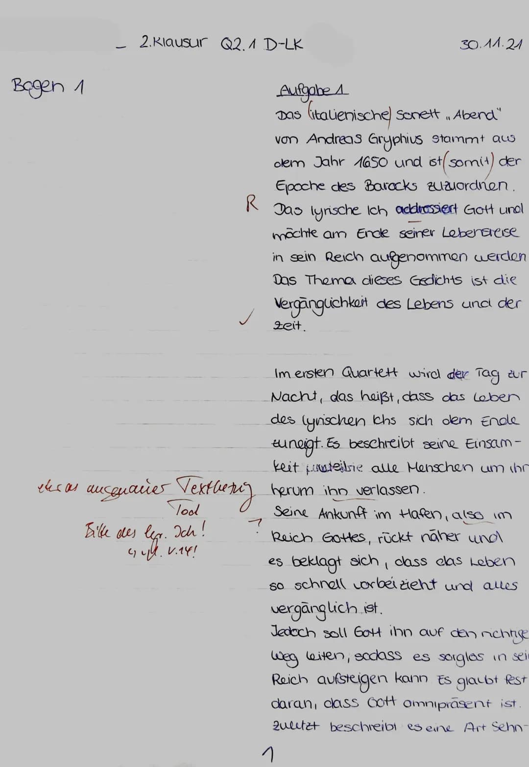 ital. Sonett
Schweif
reim,
Aufgabenstellung:
1. Analysieren Sie das Gedicht ,,Abend" von Andreas Gryphius. (33 Punkte)
2. Analysieren Sie da