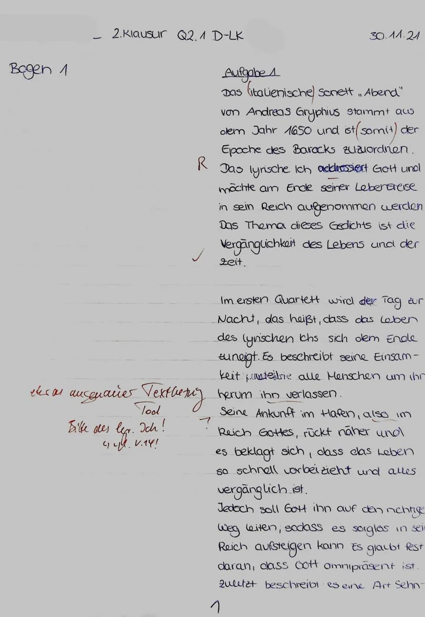 ital. Sonett
Schweif
reim,
Aufgabenstellung:
1. Analysieren Sie das Gedicht ,,Abend" von Andreas Gryphius. (33 Punkte)
2. Analysieren Sie da