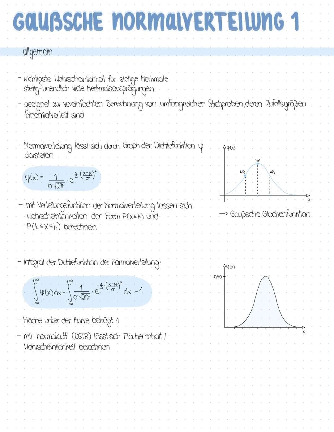 # GAUBSCHE NORMALVERTEILUNG 1

allgemein

- wichtigste Wahrscheinlichkeit für stetige Merkmale
  stetig-unendlich viele Merkmalsausprägungen