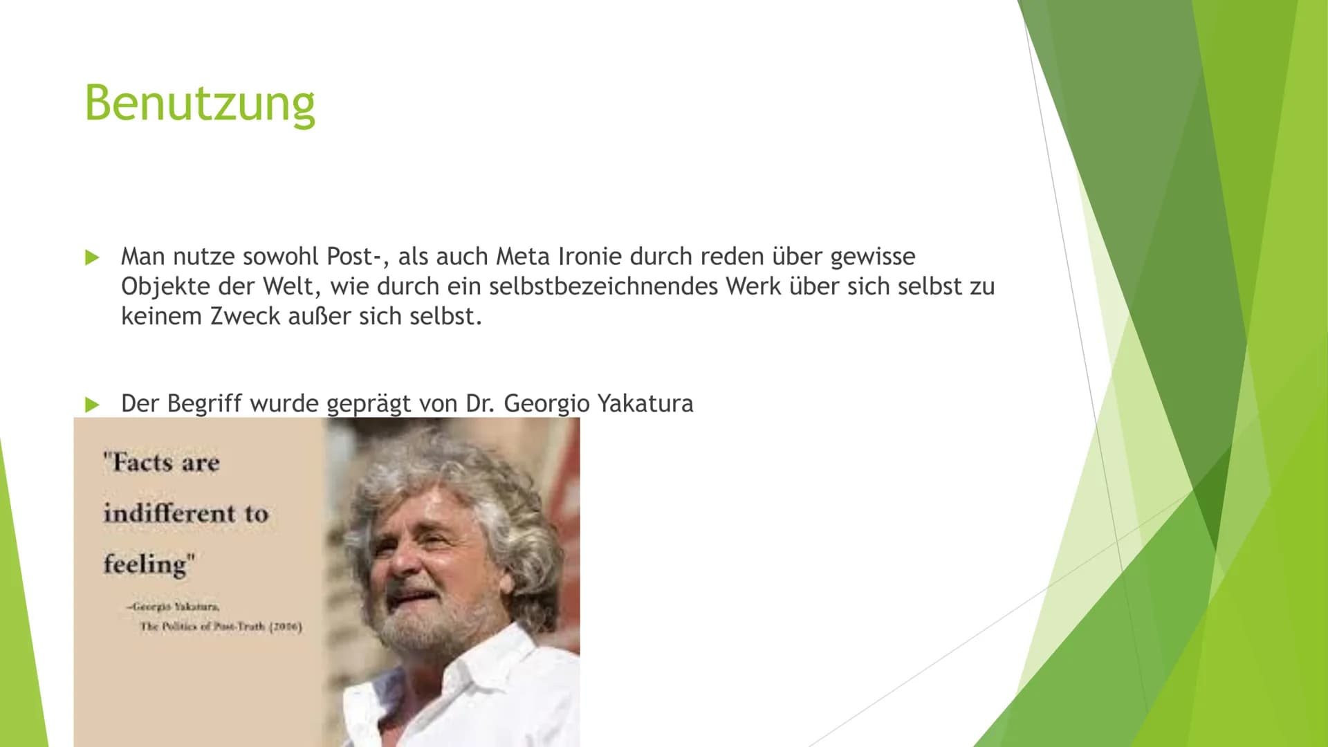 Post,- und Meta-Ironie
Ein Beispiel Einführung in die Ironie
Die Ironie ist ein Stilmittel, welches eher im oralen Sprachverkehr als im
Text