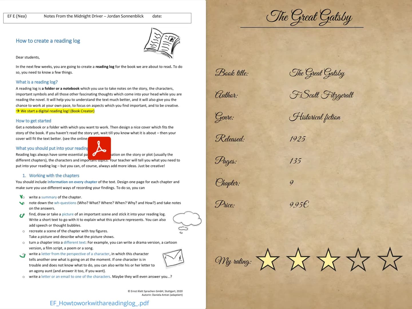 The Great
Gatsby
Celina Dahl
F.Scott Fitzgerald
G EF E (Nea)
How to create a reading log
Notes From the Midnight Driver - Jordan Sonnenblick