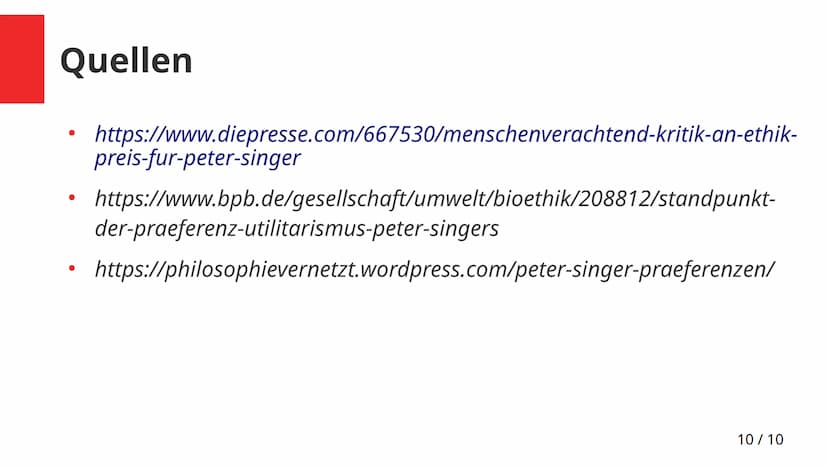Der Utilitarismus unter Peter Singer
1/10 Inhaltsverzeichnis
1) Wer ist Peter Singer?
2) Praktische Ethik
3) Interessenbestimmung
4) Persone