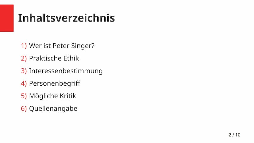 Der Utilitarismus unter Peter Singer
1/10 Inhaltsverzeichnis
1) Wer ist Peter Singer?
2) Praktische Ethik
3) Interessenbestimmung
4) Persone