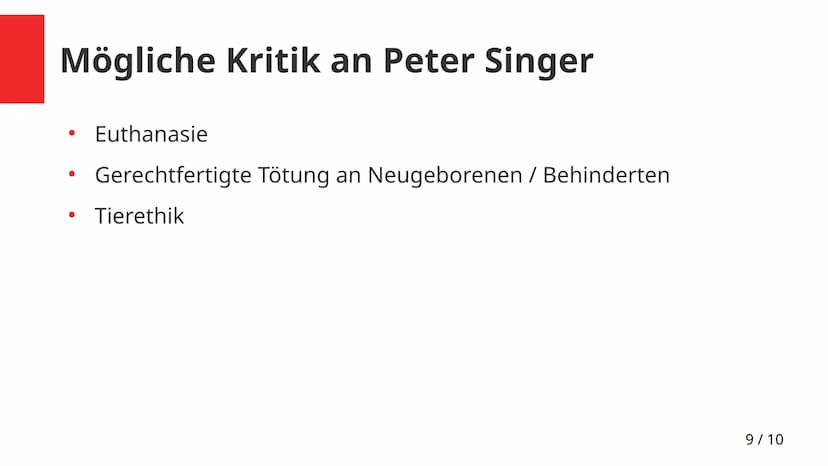 Der Utilitarismus unter Peter Singer
1/10 Inhaltsverzeichnis
1) Wer ist Peter Singer?
2) Praktische Ethik
3) Interessenbestimmung
4) Persone