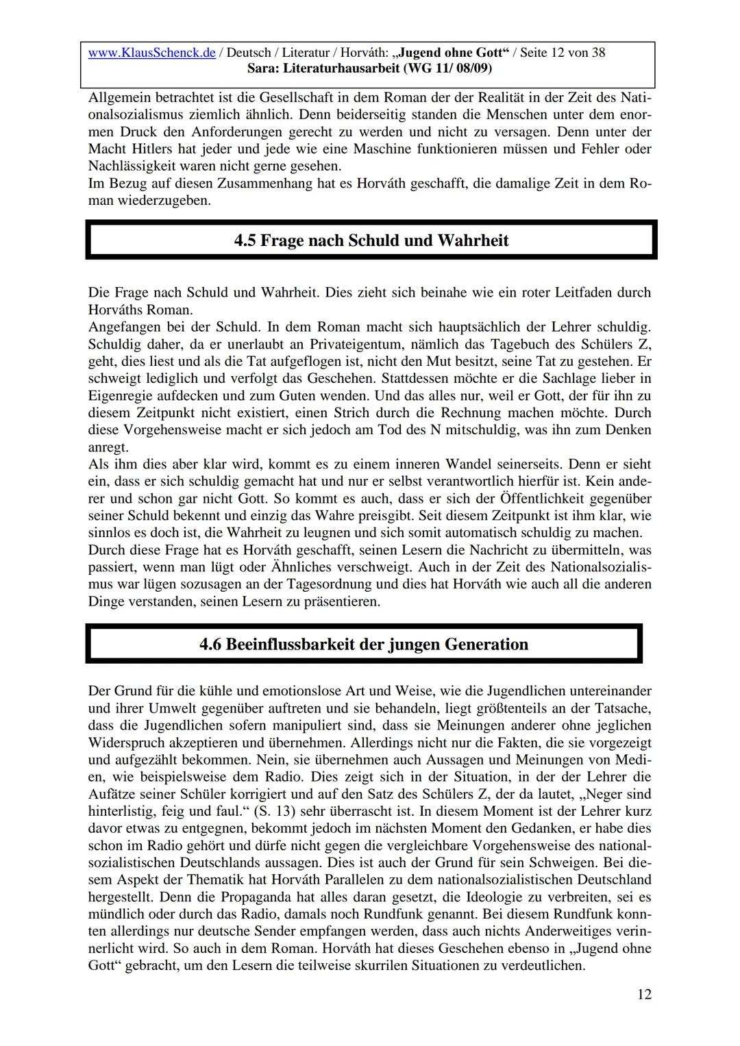 www.KlausSchenck.de / Deutsch / Literatur / Horváth: ,,Jugend ohne Gott" / Seite 2 von 38
Sara: Literaturhausarbeit (WG 11/08/09)
1. Einleit