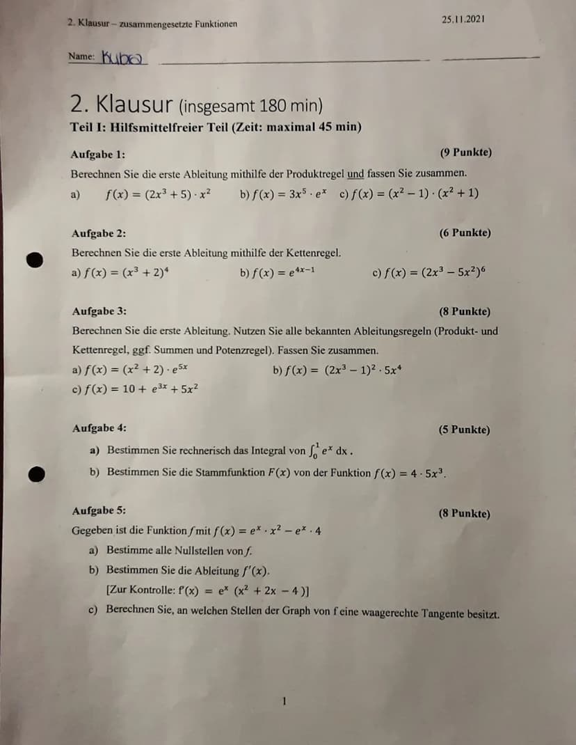 Dr. A)
a
b
Taschenrechner freier Teil
V
f(x) = (2x ³ + 5) x ²
f(x)-6x². x² + 2x³+5)2x
f(x) = 7x² + 2x³ + 10 x
f'(x) = 2x³ + 7x² +10x
U
V
f(x