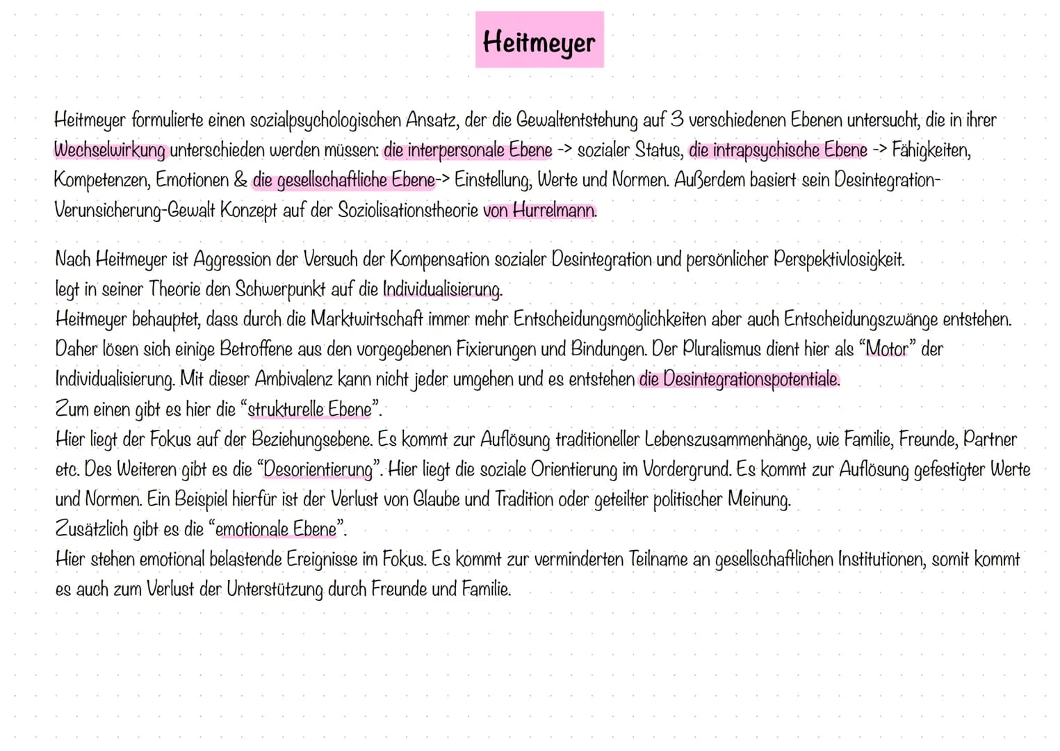 Heitmeyer
Heitmeyer formulierte einen sozialpsychologischen Ansatz, der die Gewaltentstehung auf 3 verschiedenen Ebenen untersucht, die in i