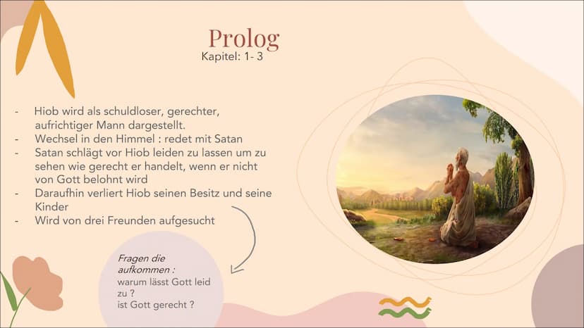 6060
Das Buch
Hiob
098909
000000 Allgemeines zum Buch
Entstehung
01 Hintergründe
Verordnung
Gliederung
Aufbau & Handlung
02 Prolog
Hauptteil