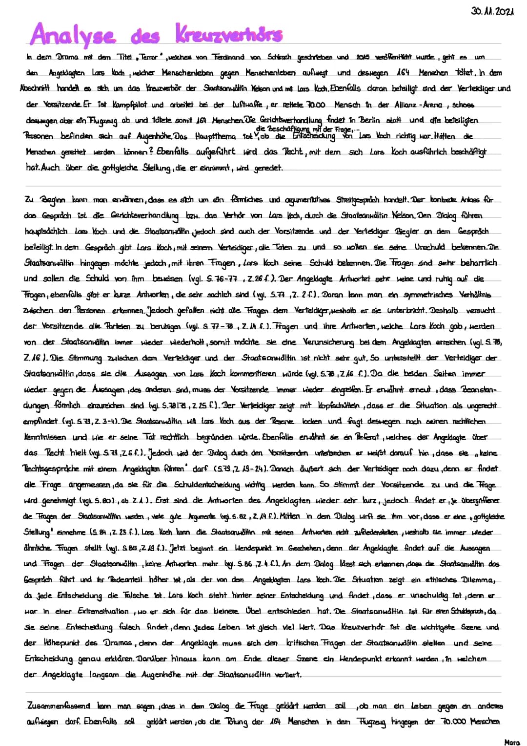 Szenenanalyse Terror: Kreuzverhör und Meiser & wichtige Textstellen!