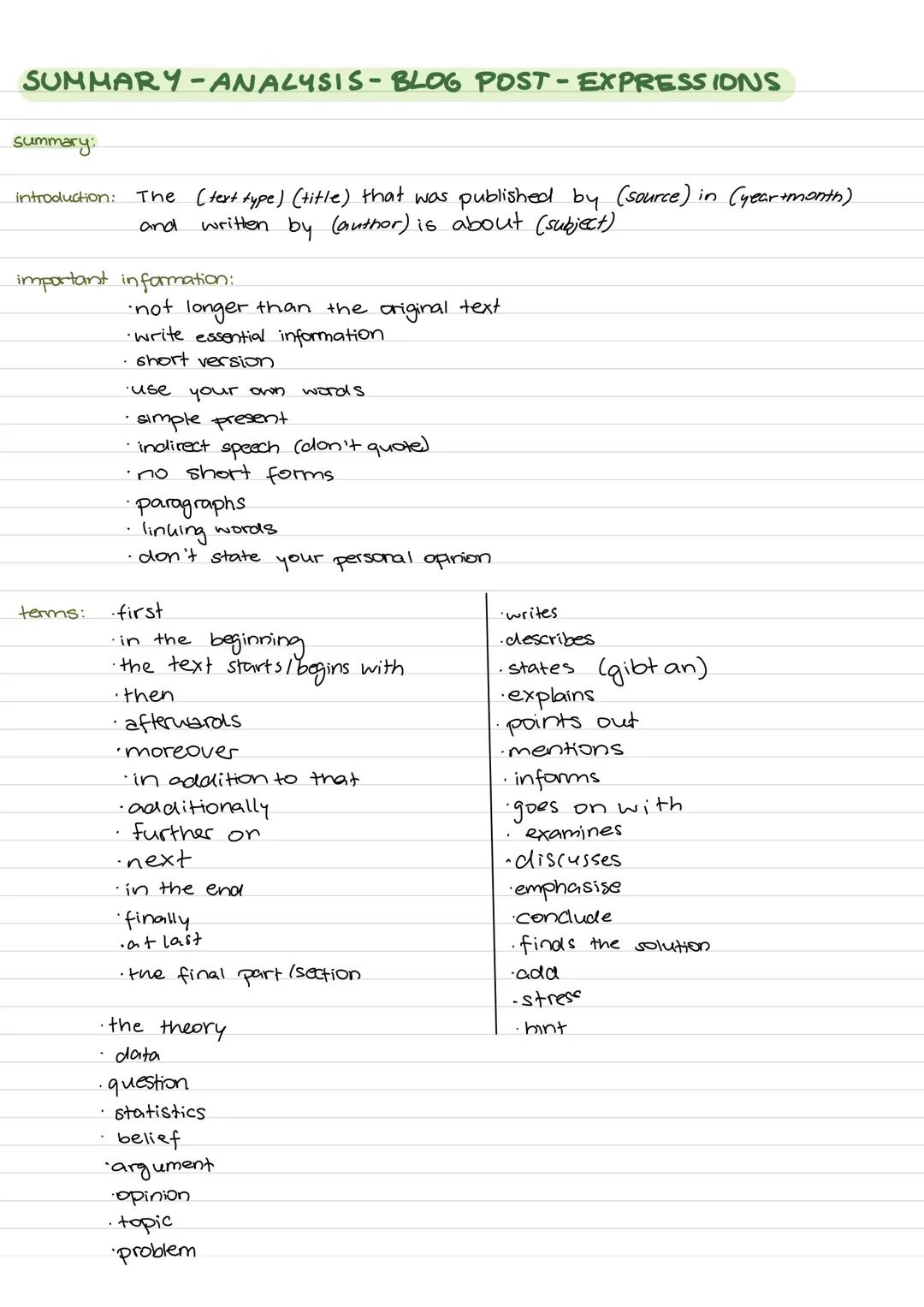 SUMMARY-ANALYSIS - BLOG POST - EXPRESSIONS
Summary:
introduction:
The
and
terms:
important information:
(text type) (title) that was publish