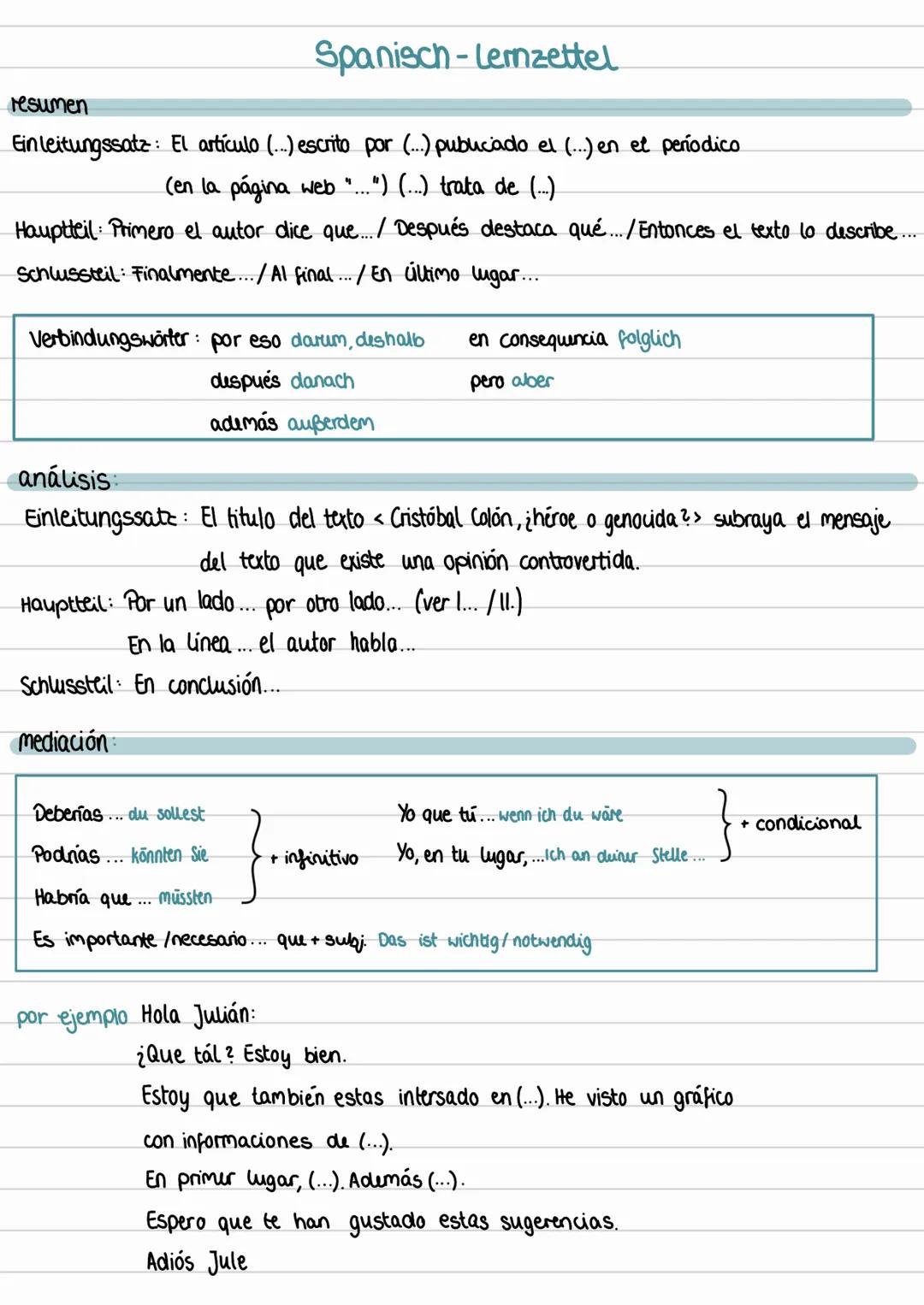 resumen
Einleitungssatz: El artículo (...) escrito por (...) publicado el (...) en et periodico
(en la página web
..".) (...) trata de (...)