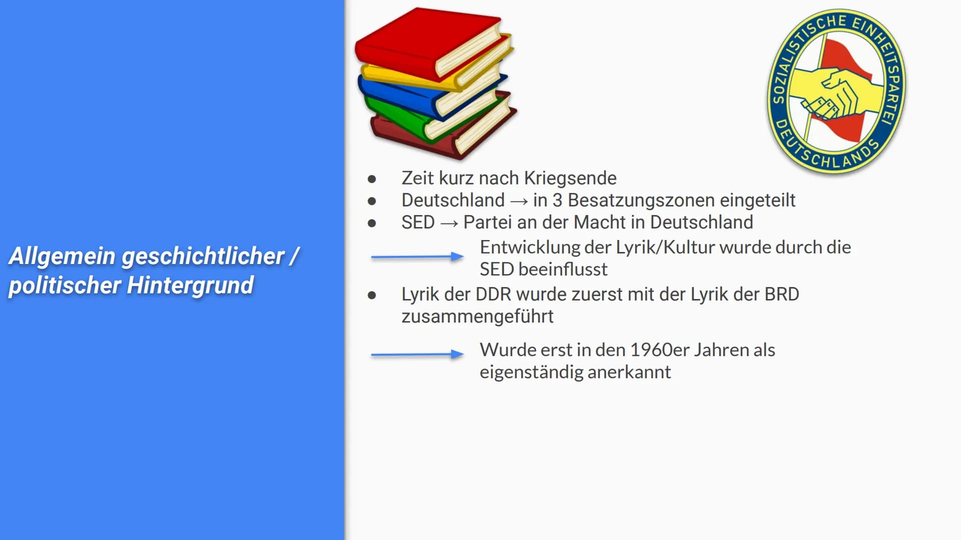 LYRIK DER DDR
Alea, Dana, Johanna, Erik INHALTSVERZEICHNIS
1.
2.
3.
4.
5.
6.
Allgemein geschichtlicher/politischer Hintergrund
Weltbild bzw.