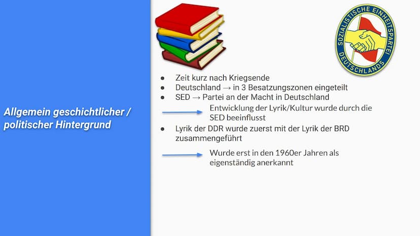 LYRIK DER DDR
Alea, Dana, Johanna, Erik INHALTSVERZEICHNIS
1.
2.
3.
4.
5.
6.
Allgemein geschichtlicher/politischer Hintergrund
Weltbild bzw.