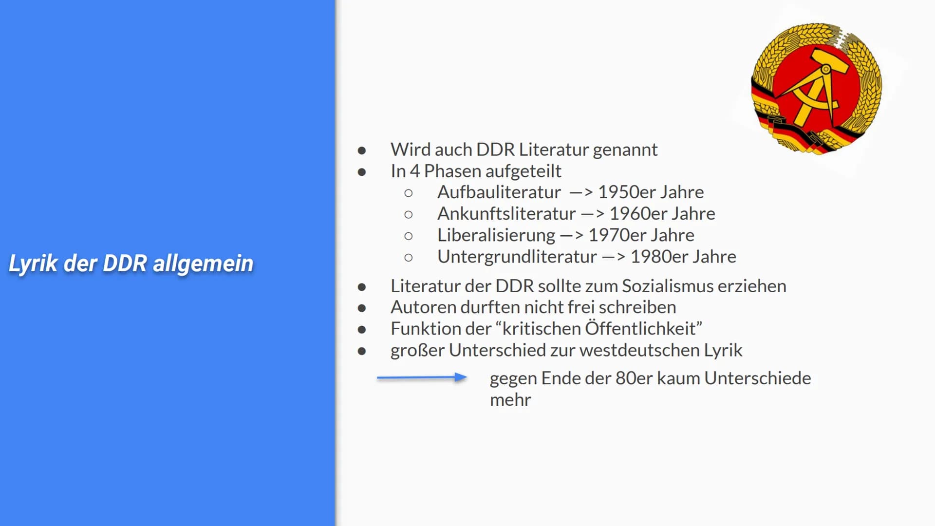 LYRIK DER DDR
Alea, Dana, Johanna, Erik INHALTSVERZEICHNIS
1.
2.
3.
4.
5.
6.
Allgemein geschichtlicher/politischer Hintergrund
Weltbild bzw.