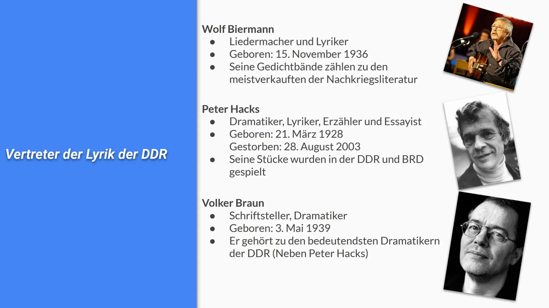 LYRIK DER DDR
Alea, Dana, Johanna, Erik INHALTSVERZEICHNIS
1.
2.
3.
4.
5.
6.
Allgemein geschichtlicher/politischer Hintergrund
Weltbild bzw.